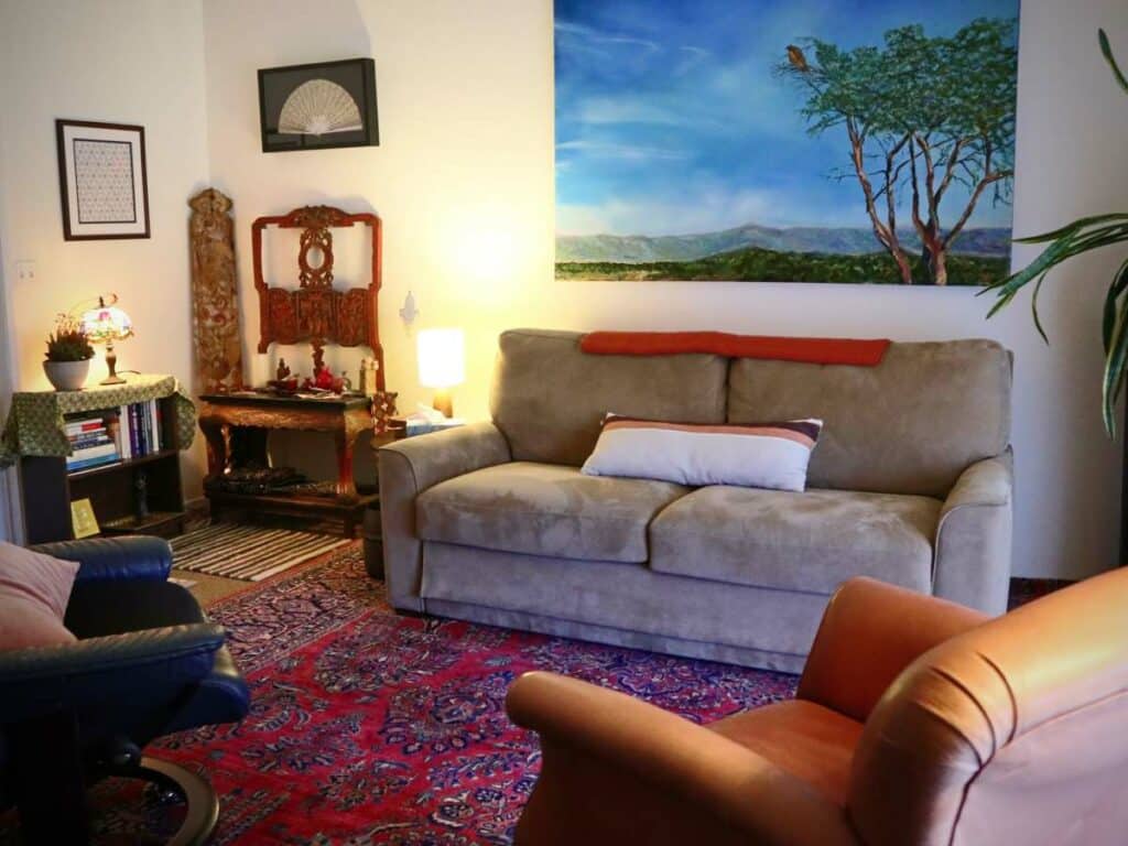 Bonnie Fernandez therapy office interior in Carmel, soft and warm
