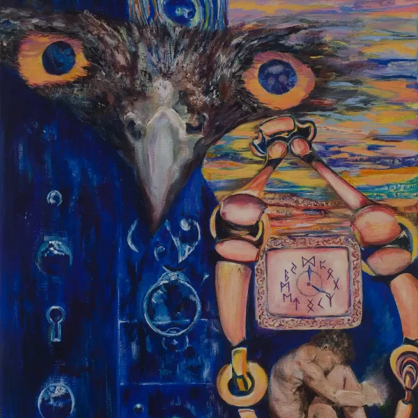 Owl Eyes, an abstract expressive-arts painting in warm sage and ochre tones